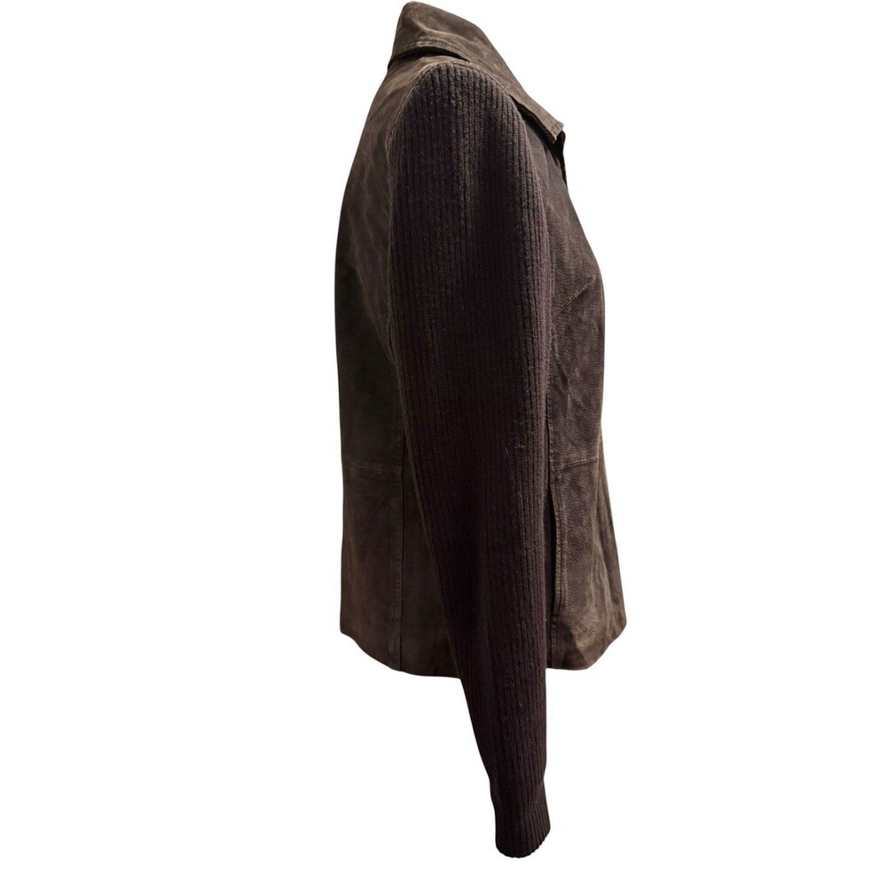 Fabio Vintage Y2K Brown Genuine Leather Ribbed Knit Sleeve Zip Jacket L - Picture 3 of 8